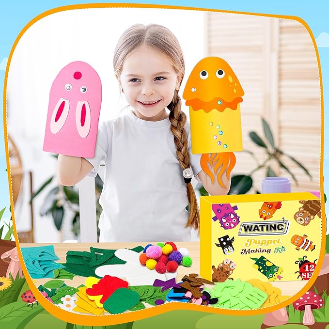 WATINC 12Pcs Hand Puppet Making Kit, Art Craft Felt Sock Puppet Toys, Creative DIY Make Your Own Pompoms Wiggle Googly Eyes Storytelling Role Play Party Supplies Gift for Girls Boys (Animals Insect A)
