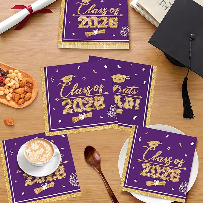 50 Pcs Graduation Napkins Class of 2026 - Purple Gold Congrats Grad Napkins Set, 3-Ply Disposable Graduation Luncheon Dinner Party Paper Napkins for Grad Party Supplies Table Decoration