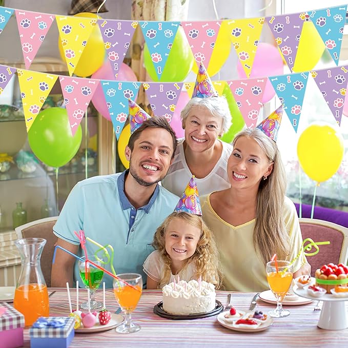 Tiamon 5 Pcs Blue Dog Paw Themed Birthday Banner Decoration Daisy Puppy Print Pennant Bunting 49.2 Ft Puppy Paw Print Triangle Flag for Kids Boy and Girl Birthday Dog Baby Showers Party Decoration