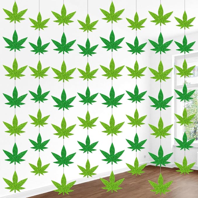 Capoda 8 Pcs Weed Decorations Pot Weed Leaves Garlands Green Leaves Garland Banner Glitter Green Leaf Paper Cutouts Hanging Decor for 420 Birthday Party Supplies
