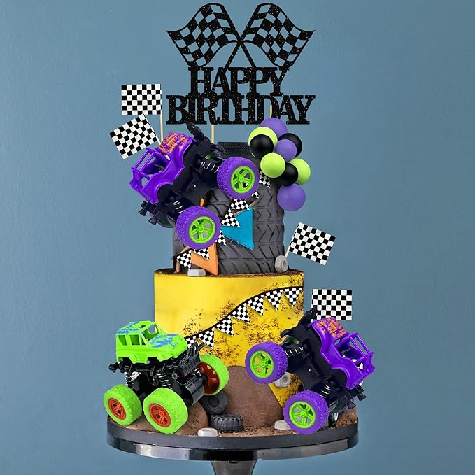 29PCS Truck Cake Decoration 2 Purple 1 Green Off-road Vehicle Cake Top Decoration Deep Purple Light Green Black Balls Truck Themed Party Supplies