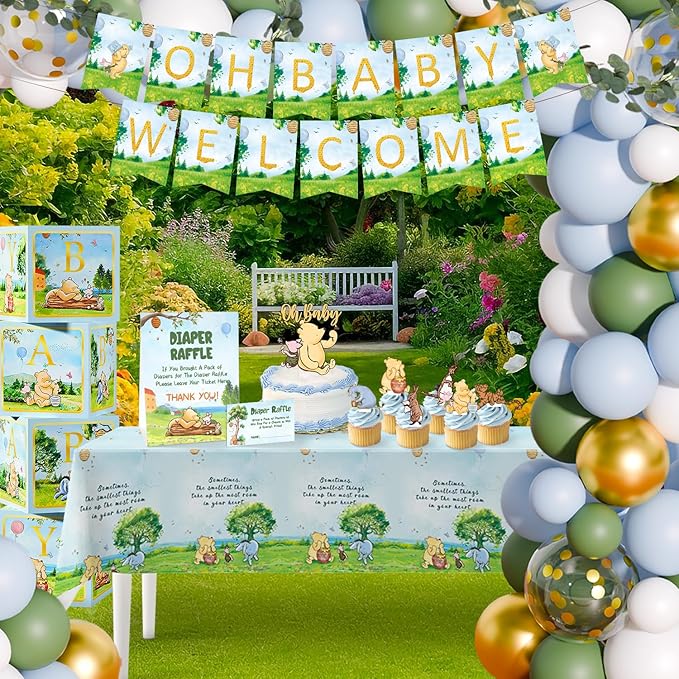 154 PCS Blue Winnie Baby Shower Decorations Kit Vintage Winnie Party Supplies Decorations, All-in-1-Balloon Garland Arch Backdrop, Tablecloth, Cake Topper, Banner, Box Decorations for Boy Baby Shower