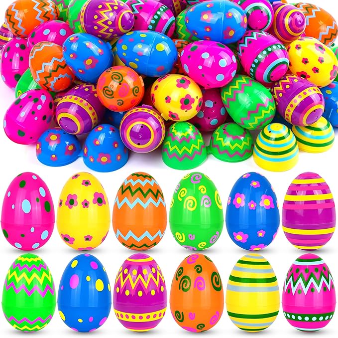 60 Pack Plastic Printed Easter Eggs, 2.4 Inch Fillable Empty Eggs Bulks for Easter Eggs Hunt, Easter Basket Stuffers Fillers, Classroom Prize Supplies, Filling Treats and Party Favors