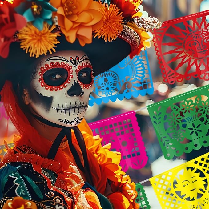 6 PCS Cinco De Mayo Banner, 110FT Colorful Fiesta Party Decorations, Plastic Hanging Papel Picado Mexican Banner for Dia De Los Muertos Decorations Day of Dead Altar Kit Fiesta Decor Party Favor