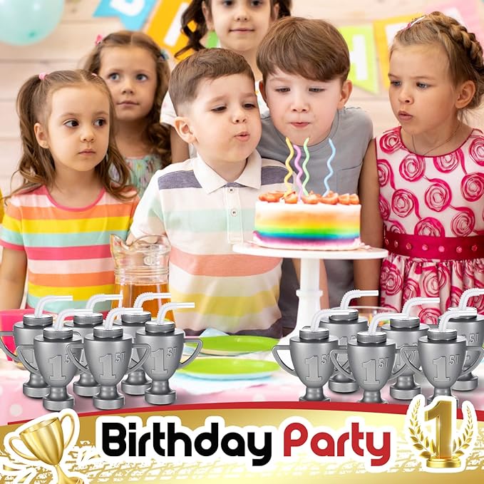 Amyhill 12 Pcs Race Car Trophy Cups With Straws and Lids 12 Oz Plastic Race Car Birthday Party Supplies And Favors For Kids Adults Props Rewards Winning Prizes Competitions (Silver)