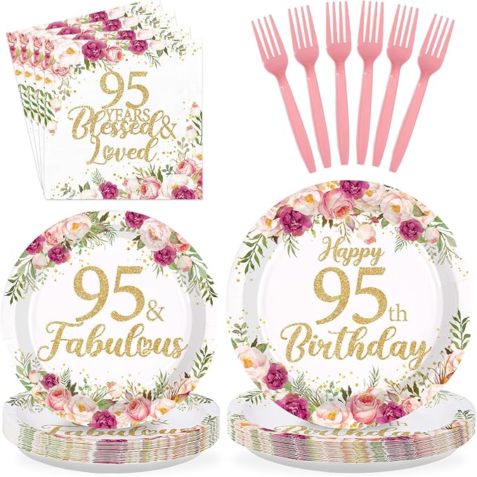 96Pcs 95th Birthday Decorations for Women Rose Gold Floral Party Plates and Napkins Disposable 95th Birthday Gifts Tableware Set for Women Fabulous Party Decorations Serves 24