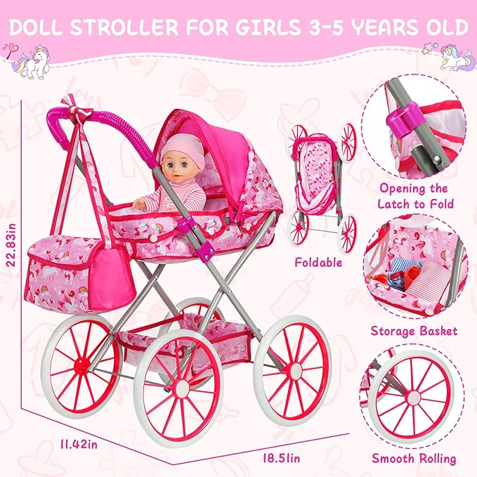 Unicorn Baby Doll Stroller Set with 11'' Baby Doll, Foldable Doll Stroller, Playpen, Dining Chair and 24 PCS Baby Doll Accessories, Doll Playset Toy for Girls Toddlers 3-5 4-6 Birthday Gifts