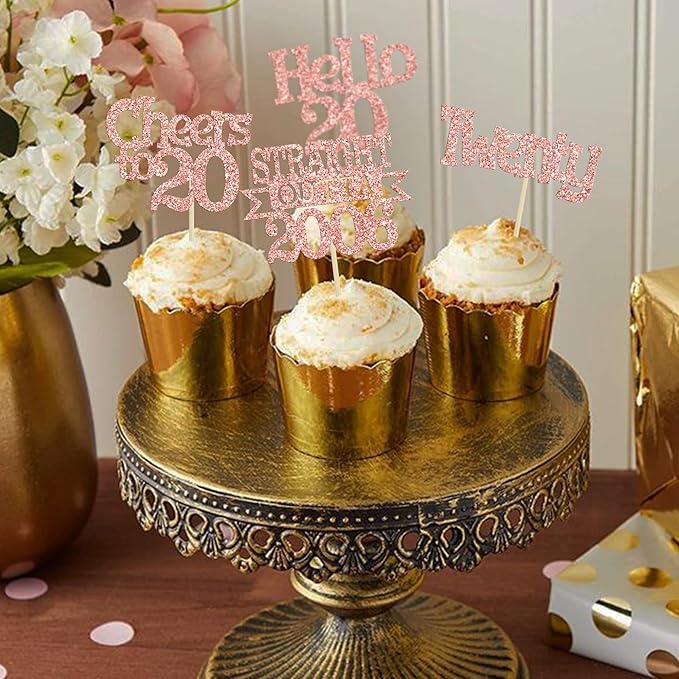 Ephlyn 24Pcs Happy 20th Birthday Cupcake Toppers Glitter Cupcake Picks Hello 20 Cheers to 20 Years Cake Decorations for 20th Birthday Anniversary Party Decorations Supplies Rose Gold