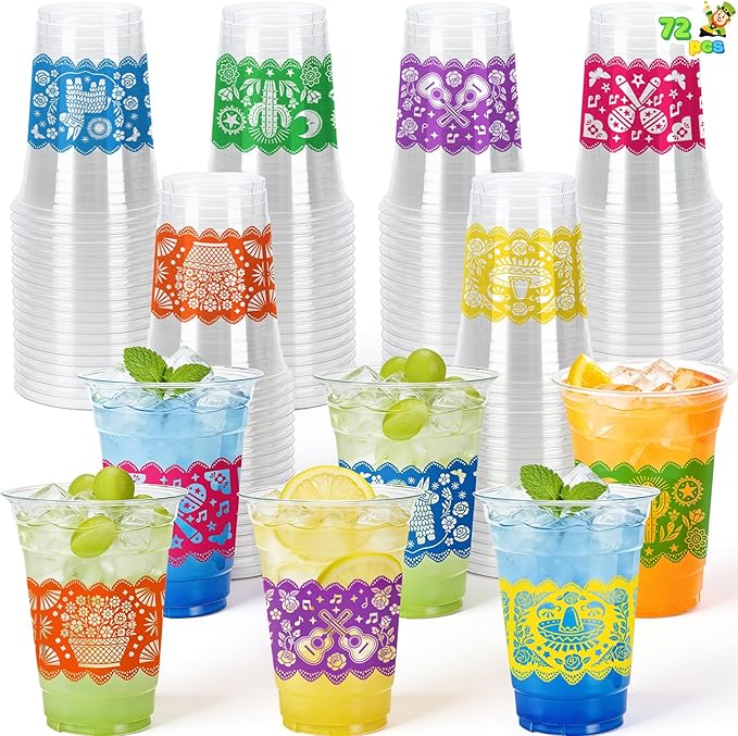 JOYIN 72 pcs Clear Plastic Cups, 16 oz Disposable Plastic Cups, Cinco De Mayo plastic champagne clear cups, cocktail Cup for Fiesta, Taco Night, and Mexican Themed Party Supplies