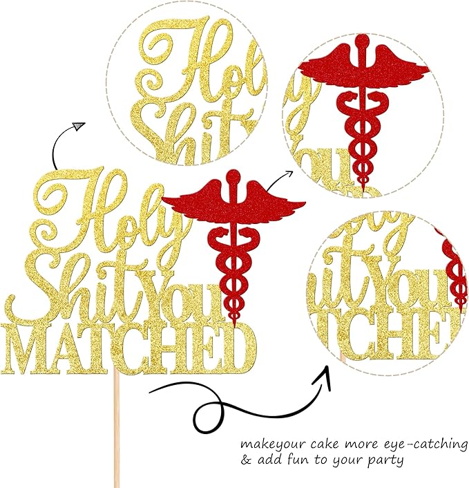 1 PCS Holy Shit You Matched Cake Topper Glitter Doctor Nursing Birthday Cake Pick for Medical Rn Theme Nurse Birthday Party Cake Decorations Supplies Gold