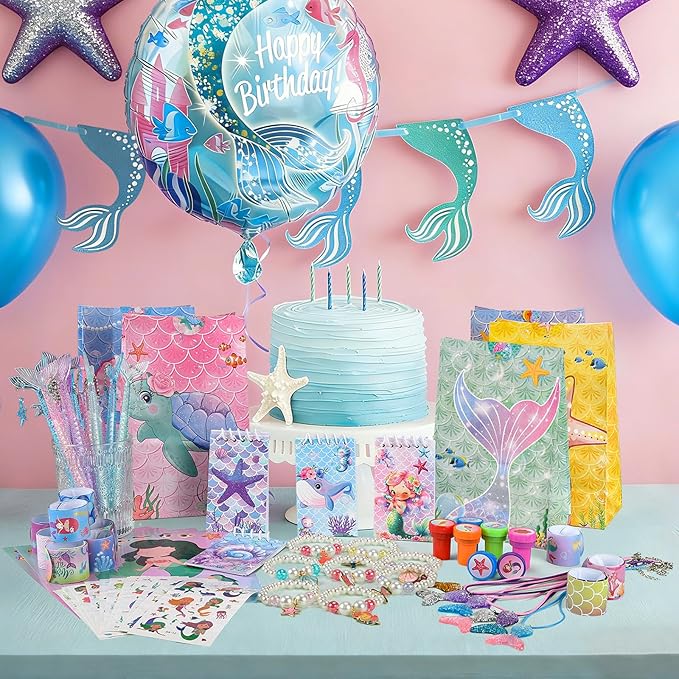 Party Favors for Kids: Mermaid Theme Goodie Bags Stuffers Birthday Party Supplies, Bracelets, Necklaces, Stampers, Notepads, Stickers, Gel Pens, Gift Bags Serves 12 Girls Birthday Party Decorations