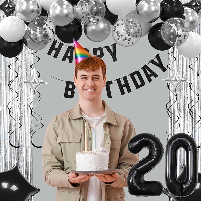 20th Birthday Decorations for Boys Girls, Silvery and Black Happy 20th Birthday Banner,Number 20 Balloons Arch Kit for 20 year old Birthday Party Decorations