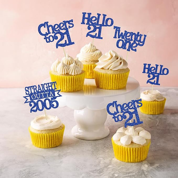 Ephlyn 24Pcs 21st Birthday Cupcake Toppers Glitter Straight Outta 2005 Cupcake Picks Hello 21 Cheers to 21 Years Cake Decorations for 21st Birthday Anniversary Party Decorations Supplies Blue