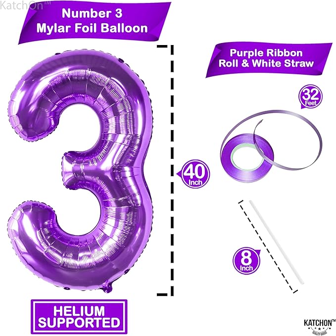 KatchOn, Giant Purple Number 3 Balloon - 40 Inch | 3rd Mylar Foil Balloon For Happy Birthday Decorations | 3rd Number Balloons For Mermaid Purple Party Happy Anniversary Decorations