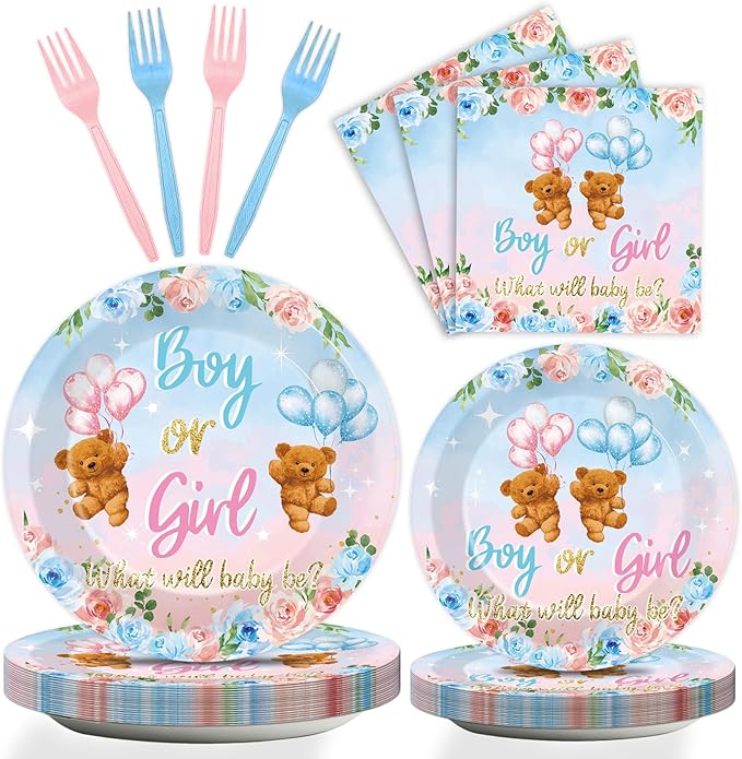 96 Pieces Bear Gender Reveal Theme Tableware Set for Gender Reveal Party Table Decor Supplies Boy or Girl Dessert Plates Napkins Forks for 24 Guests Pink Blue Bear Baby Shower Disposable Party Favors