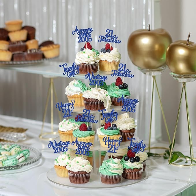 Ephlyn 30Pcs Happy 21st Birthday Cupcake Toppers Glitter Twenty-one 21 Fabulous Vintage 2005 Cupcake Picks for 21st Birthday Anniversary Retirement Party Cake Decorations Supplies Dark Blue