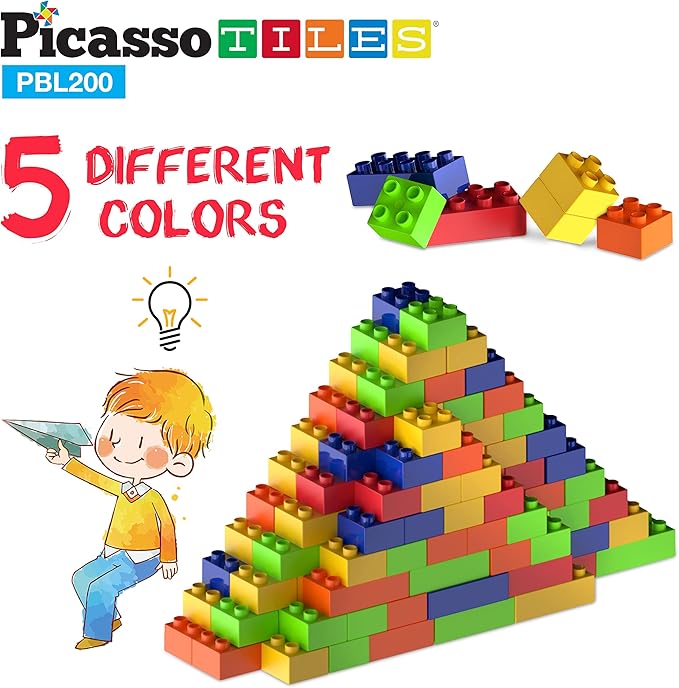 PicassoTiles 200 Piece Large Construction Brick Building Blocks STEM Bricks Toy Set Creative Learning Early Education Playset 5 Colors 4 Unique Shapes Mix & Match Toys for Kids Boys Girls Child Age 3+