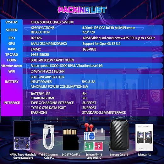 UYTGXEN XF40V Retro Handheld Game Console with 2*Detachable Long Joysticks, 4.0-Inch HD IPS Screen Retro Gaming Console, Preloaded Classic Games with Multiple Emulator, Pocket Video Gaming