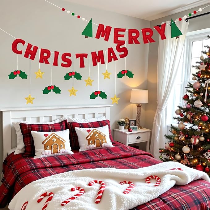 Merry Christmas Banner with Red Berries And Leaves,Christmas Banner Decoration with Gold Stars,Xmas Bunting Garland Felt Party Supplies For Wall,Fireplace Mantel,Window.