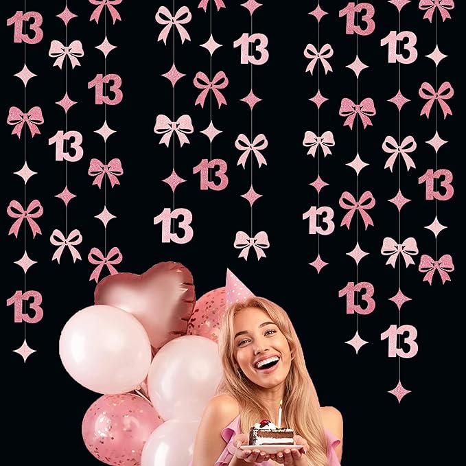 Glitter Pink 13th Bow Birthday Decorations Hot Pink Conquette Bow Garland Streamer Banner Backdrop for Girls Happy 13th Birthday Official Teenager Cheers to 13 Years Old Anniversary Party Supplies
