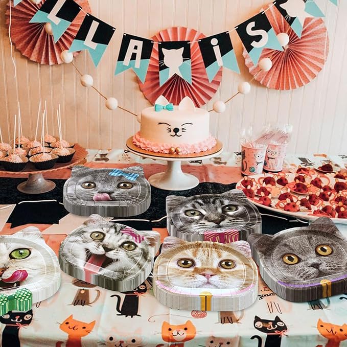 60 Pcs Real Cat Birthday Party Paper Plates, Cute Cat Pattern Plates for Pet Birthday Decorations Cat Theme Party Supplies Baby Shower