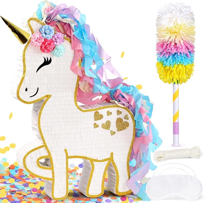24" Large Rainbow Unicorn Pinata for Birthday Party, Large Magical White Unicorn Party Decorations with Gold Horn, Paper Mache Pinata for Candy Fillers, Pull String/Hit Game for Kids Girls Teens