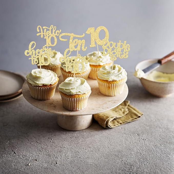 30Pcs 10th Birthday Cupcake Toppers Ten Double Hello 10 Cupcake Picks Cheers to 10 Years Old Cake Decorations for 10th Birthday Party Supplies Gold Glitter