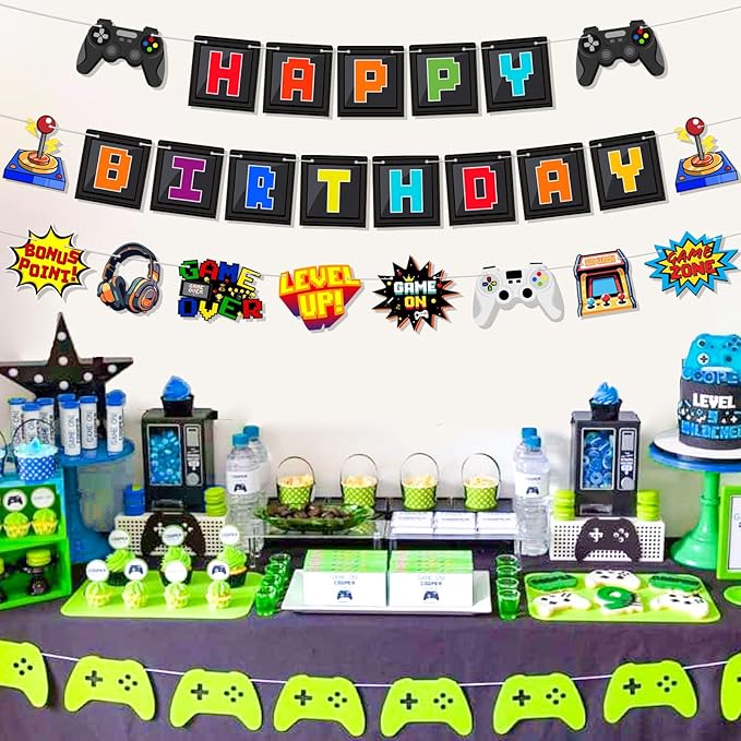Pre-Strung Video Game Birthday Decorations, NO DIY Gaming Happy Birthday Banner, Game Signs Gamer Themed Party Supplies