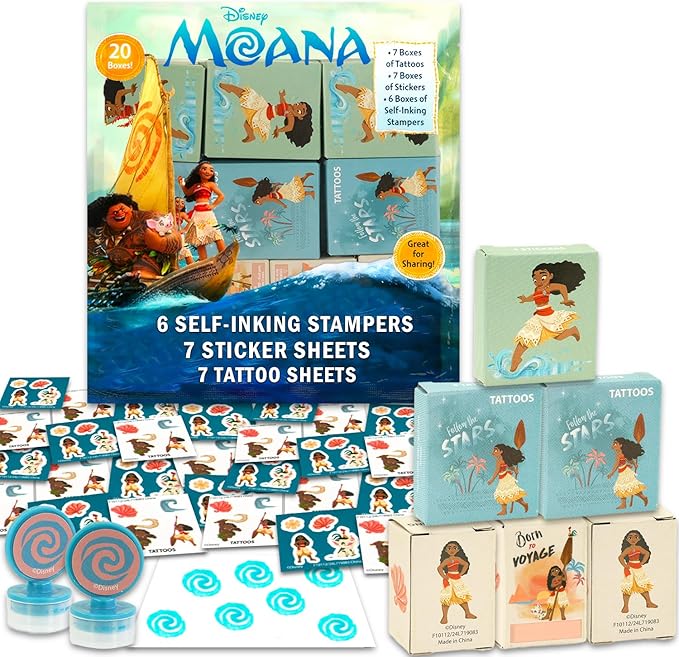 Moana Party Favors for 20 Guests Bundle ~ 20 Pieces Moana Favor Boxes with Stickers, Tattoos and Stampers for Kids Birthday Party | Moana Party Supplies and Decorations Combo Pack