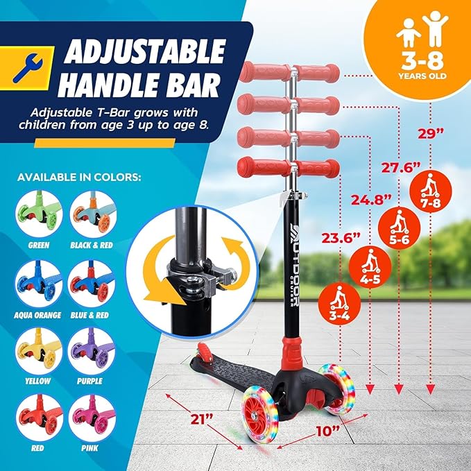 Outdoor Cruiser 3-Wheel Kids Scooter – with Lean-to-Steer Technology, Led Lighted Wheel, 4-Level Adjustable Height T-bar Handle, Support Kids Up to 150 Lbs, for Boys & Girls Ages 3-8, Black and Red