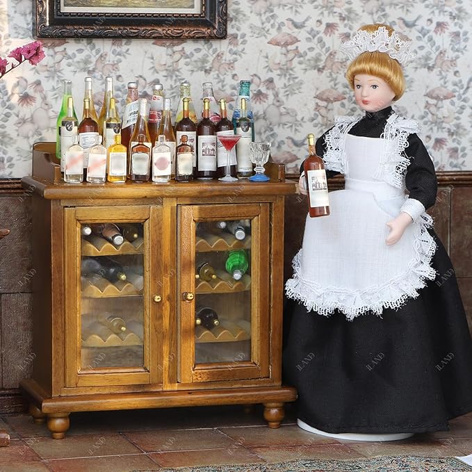 iLAND Dollhouse Furniture Mini Wine Cabinet Dollhouse Kitchen 1 12 Scale Furniture for Miniature Wine Bottles Wooden Doll House Shelf Mini House Décor Realistic Classic