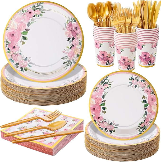 350 Pcs Floral Party Supplies Tableware Set Disposable 9'' 7'' Paper Plates 9 oz Cups Cutlery Napkins Dinnerware for Baby Shower Bridal Wedding 1st Birthday, Serve 50 (Floral, Rose Gold)