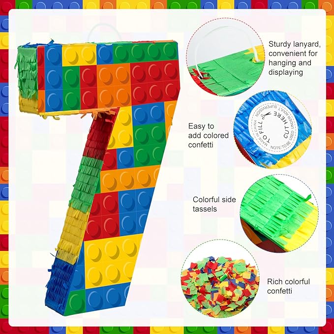 Number 7 Building Blocks Piñata 16.5 Inch Party Supplies 7th Birthday Party Decorations Piñata with Confetti Blocks Theme Fiesta Anniversary Celebration