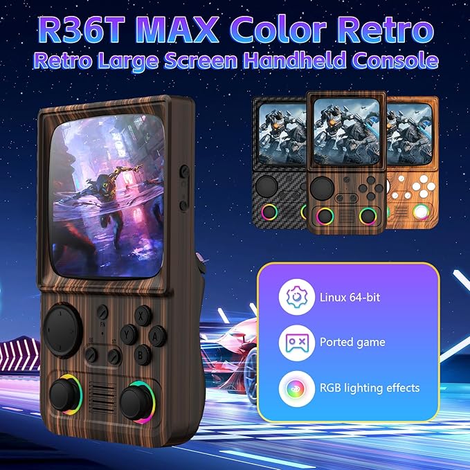 R36TMAX Retro Handheld Game Console, 4 Inch IPS HD Screen Retro Gaming Console, Supports WiFi Networked Fighting and OTG, Compatible with a Large Variety of Classic Games,Wood Grain Coffee Brown
