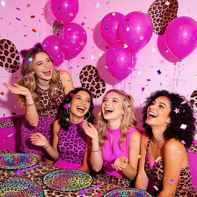 96Pcs Cheetah Print Birthday Party Decorations, Neon Rainbow Leopard Themed Party Supplies Tableware Set Include Paper Plates, Napkins, Forks, Serves 24 Guests