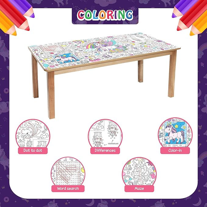 Unicorn Coloring Tablecloth for Kids, Magical 30x72 Inch Poster with Unicorns, Rainbows, Perfect for Girls Birthday Party Games, Fantasy Decorations, Classroom Activities, Event Supplies