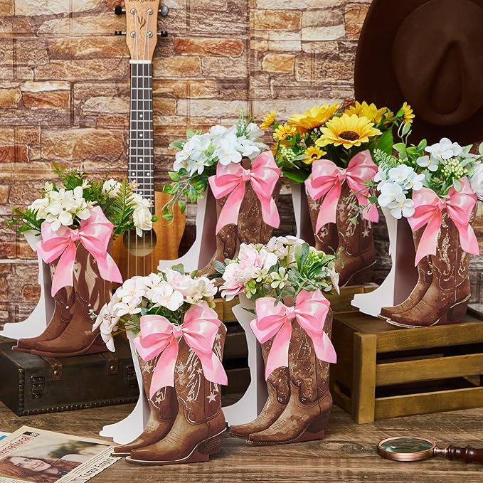 12 Set Brown Western Cowboy Bow Boots Flower Boxes Centerpiece Boot Shape Gift Boxes Western Party Decoration Vase Centerpiece for Table Boots for Rodeo Birthday Baby Shower Wedding Supplies