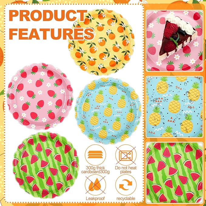 60 Pcs Fruit Paper Plates Tutti Frutti Birthday Party Supplies 7 Inch Disposable Fruit Dessert Plates Summer Dinner Plates Strawberry Pineapple Plates for Wedding Baby Shower Birthday Party