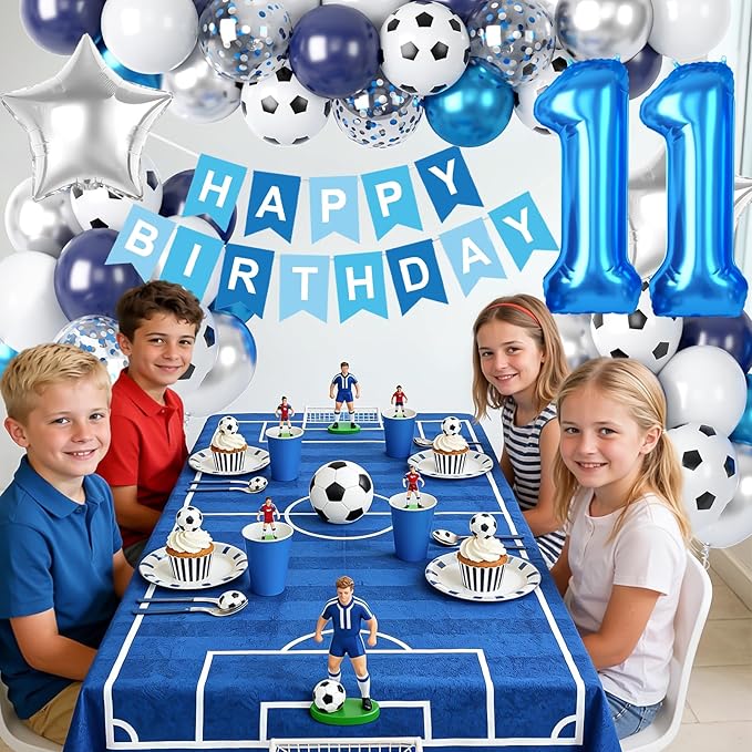 Soccer Birthday Party Decoration for Boys, 11th Soccer Party Decorations with Navy Blue White Silver Balloons 'HAPPY BIRTHDAY' Banner 32in Foil 11 Balloon for Boy Kids Birthday Baby Shower Decor