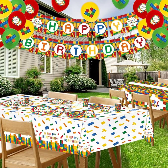 Building Block Party Plates Building Block Birthday Party Supplies Decorations Serve 25 including Disposable Paper Plates Napkins, Cups, Forks, Tablecloth, Happy Birthday Banner, and Balloons
