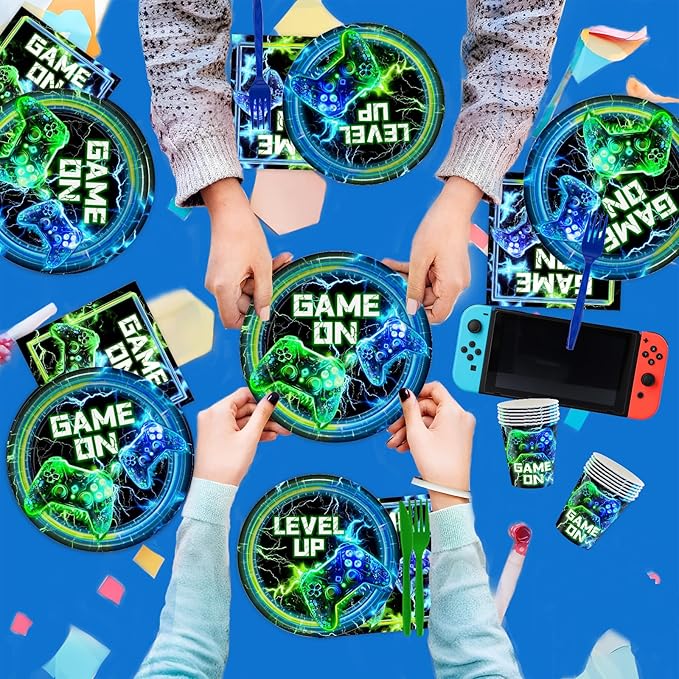 168PCS Video Game Birthday Party Decorations Blue Video Game Level Birthday Plates and Napkins Tableware Sets for Gamer Gaming Party Favors Serves 24
