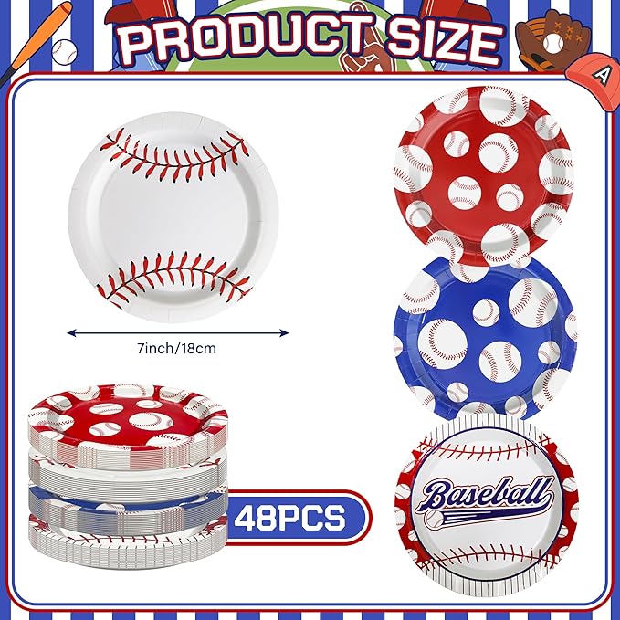 48PCS Baseball Plates, 7" Party Plates Disposable Paper Plates Baseball Themed Decorations for Baseball Birthday Gameday Celebrations Supplies