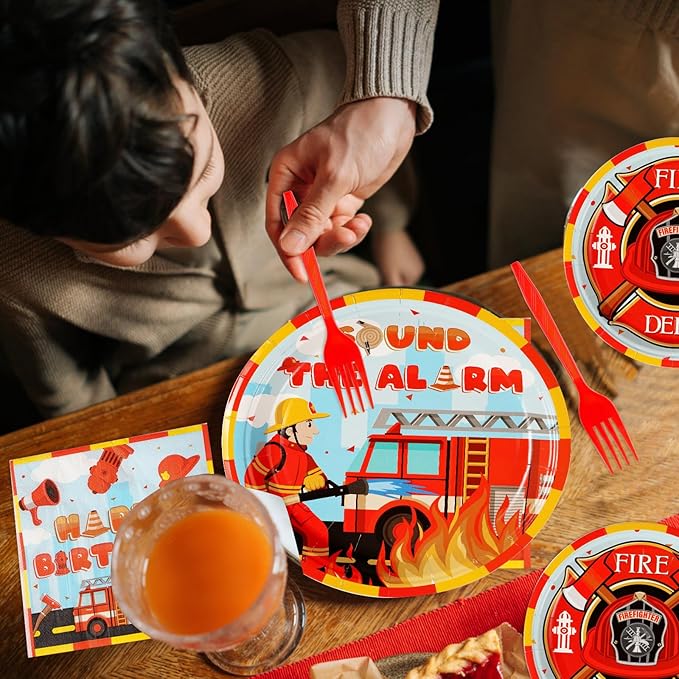 Grencian 96Pcs Firefighter Birthday Party Decorations Fire Truck Party Plates Disposable Firetruck Birthday Paper Tableware Set for Kids Fireman Fire Truck Supplies, Serves 24