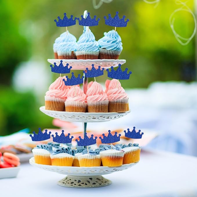 Ephlyn 24Pcs Crown Cupcake Toppers Glitter Queen Crown Cupcake Picks for Queen Princess Theme Baby Shower Girls Wedding Birthday Party Cake Decorations Supplies Dark Blue
