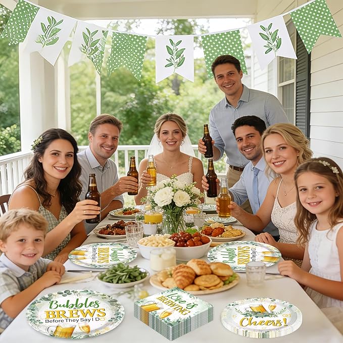 96Pcs Bubbles and Brews Bridal Shower Party Decorations Sage Green Gold Cheers Bubbles and Brews Before I Dos Plates and Napkins Sets for Bachelorette Engagement Wedding Party Supplies Serves 24
