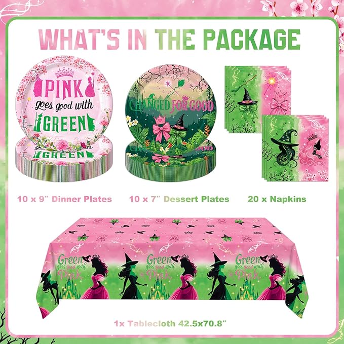 41pcs Witch Party Decorations Include 10pcs Pink Plates, 10pcs Green Plates, 20pcs Napkins, Tablecloth for Pink and Green Birthday Decorations