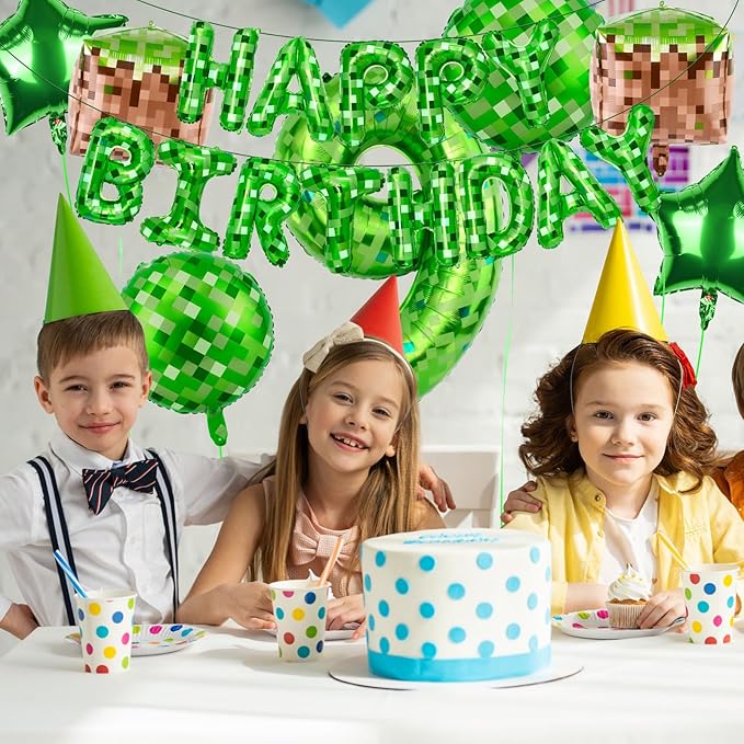 Green Pixel Themed Happy Birthday Banner Party Decorations Set Including 40 Inch Number 9 Foil Balloons, Themed Party Essentials, TNT Pixel Backdrop Supplies for Boys Indoor Outdoor Celebration