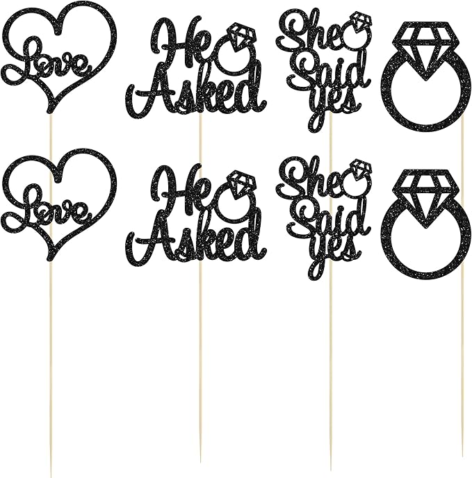 Gyufise 12Pcs He Asked She Said Yes Centerpiece Sticks Double Sided Love Heart I Do Ring Table Centerpiece Sticks for Wedding Engagement Bridal Theme Party Supplies Black
