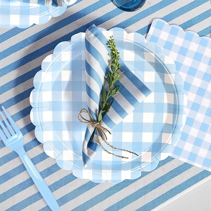 96Pcs Blue Gingham Plates and Napkins Forks Lace Plaid Paper Plates for 24 Guest Picnic Wedding Baby Shower Tea Kids Birthday Party Supplies Decrations