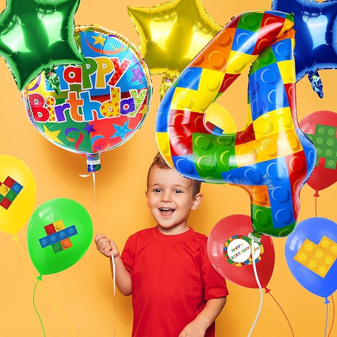 40 Inch Building Block Number Balloon, Colorful Number Block Foil Balloons Large Big Numbers Helium Balloon for Girls Boys 4th Birthday Brick Theme Party Decorations (Number 4)